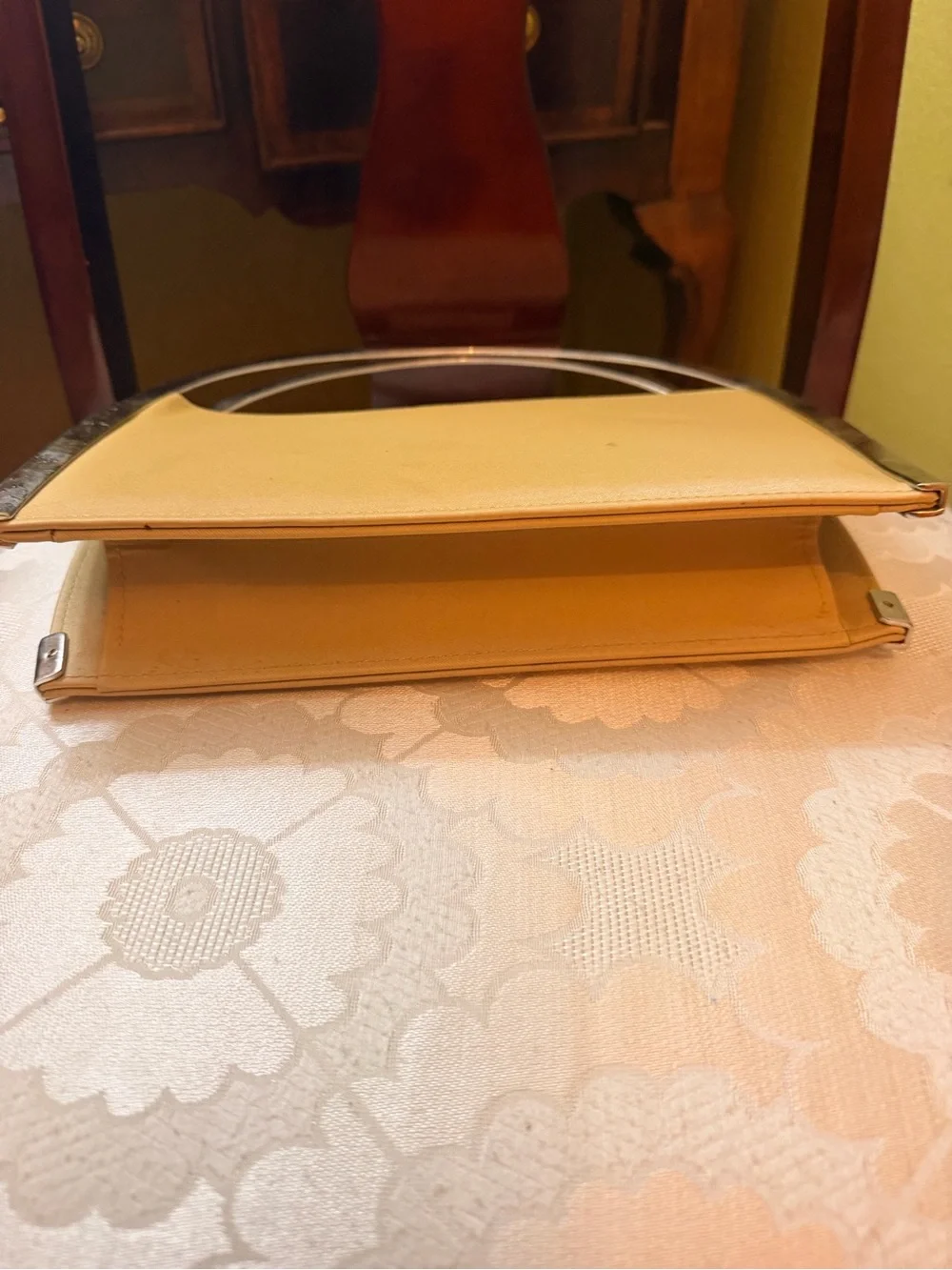 Cream Top-Handle Clutch with Metal Frame